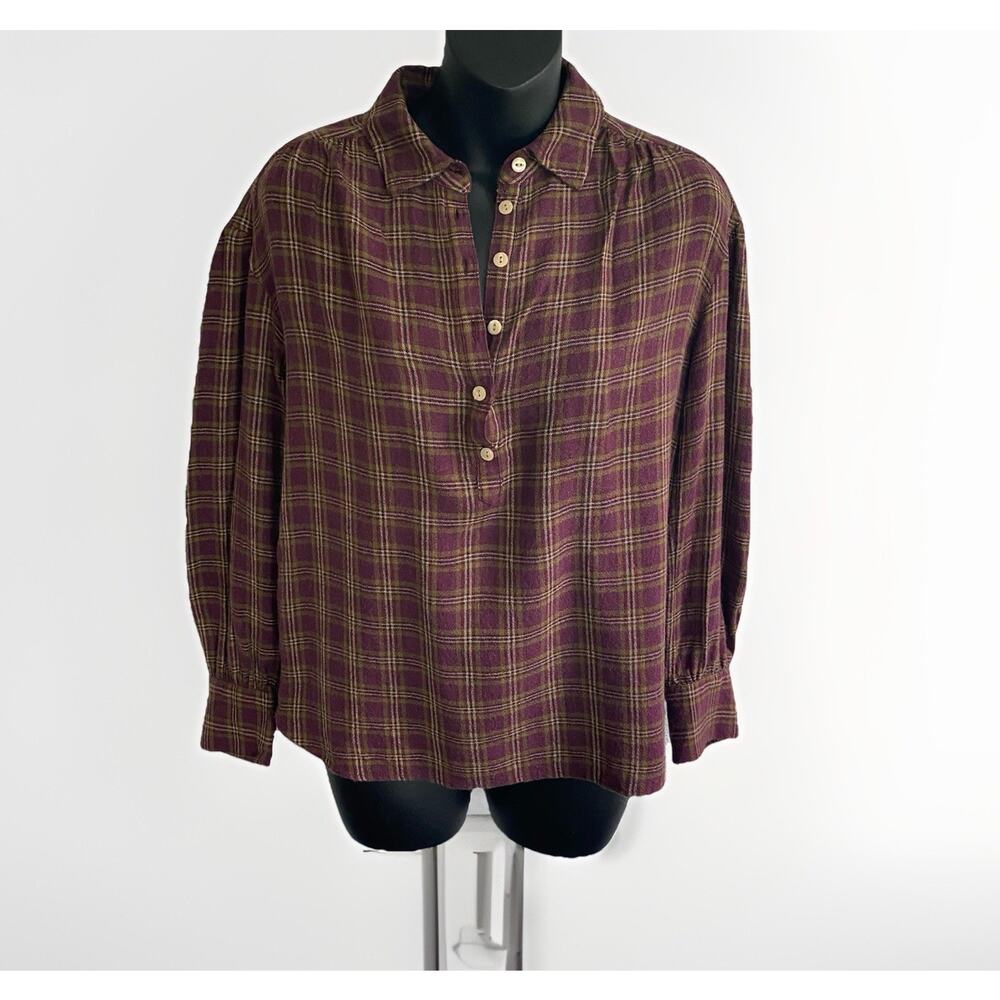 Faherty Olli Check XS Women Button Down Mulberry Plaid Wool Blend Western Camp